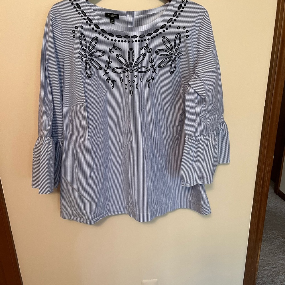 Talbots Blue and White Striped Blouse with Floral Embroidery